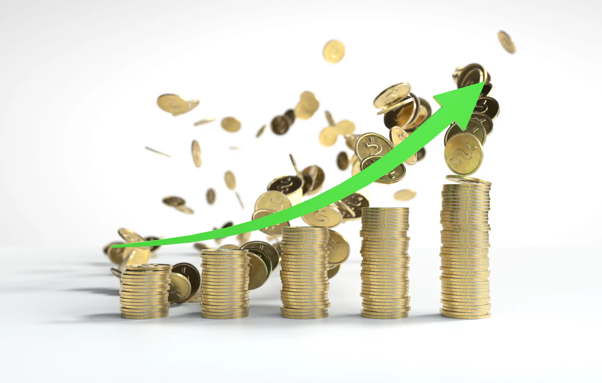 The green arrow is going up the Stacks of coins arranged in a ba